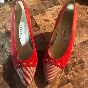 Proxy Women’s  Red Suede, red & White striped material Pointed Toe 2 ½” Heels
